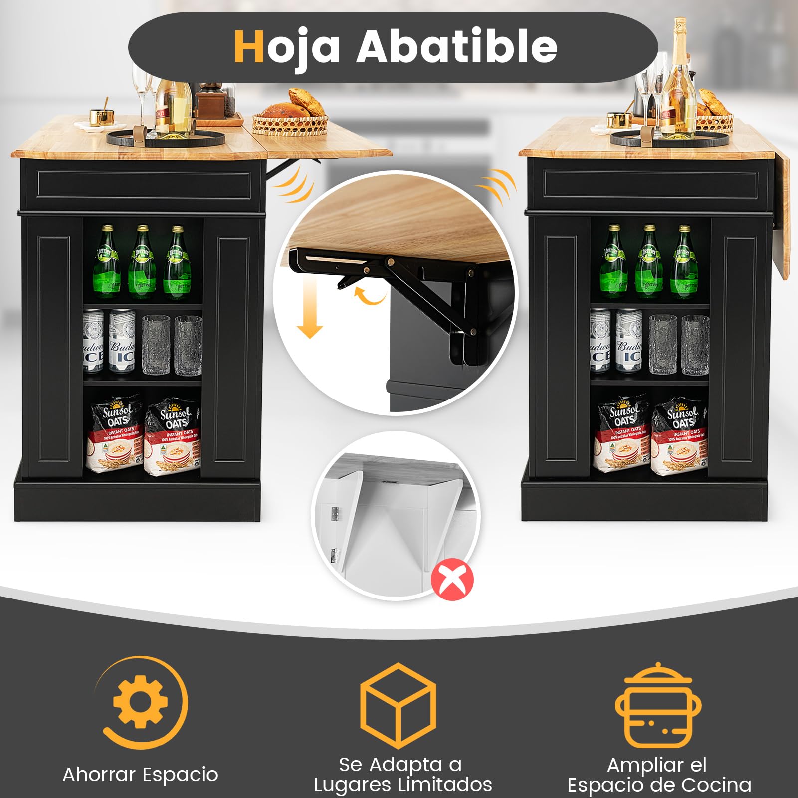 COSTWAY Isla de Cocina con Almacenamiento con Encimera de Madera, Cajones, Estantes Laterales y 2 Puertas, Carrito de Cocina con Estantes Ajustables de 3 Niveles (Negro)