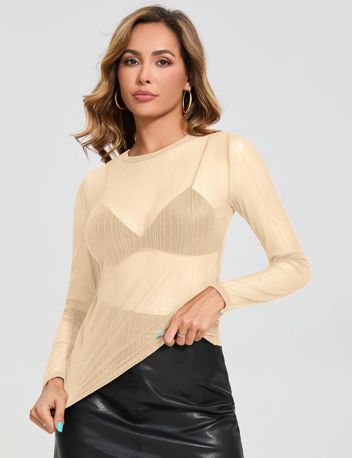 AKEWEI Womens Mesh Long Sleeve Tops Crew Neck Sexy See Through Tee Shirts Party Club Night Lace Blouse - Image 4