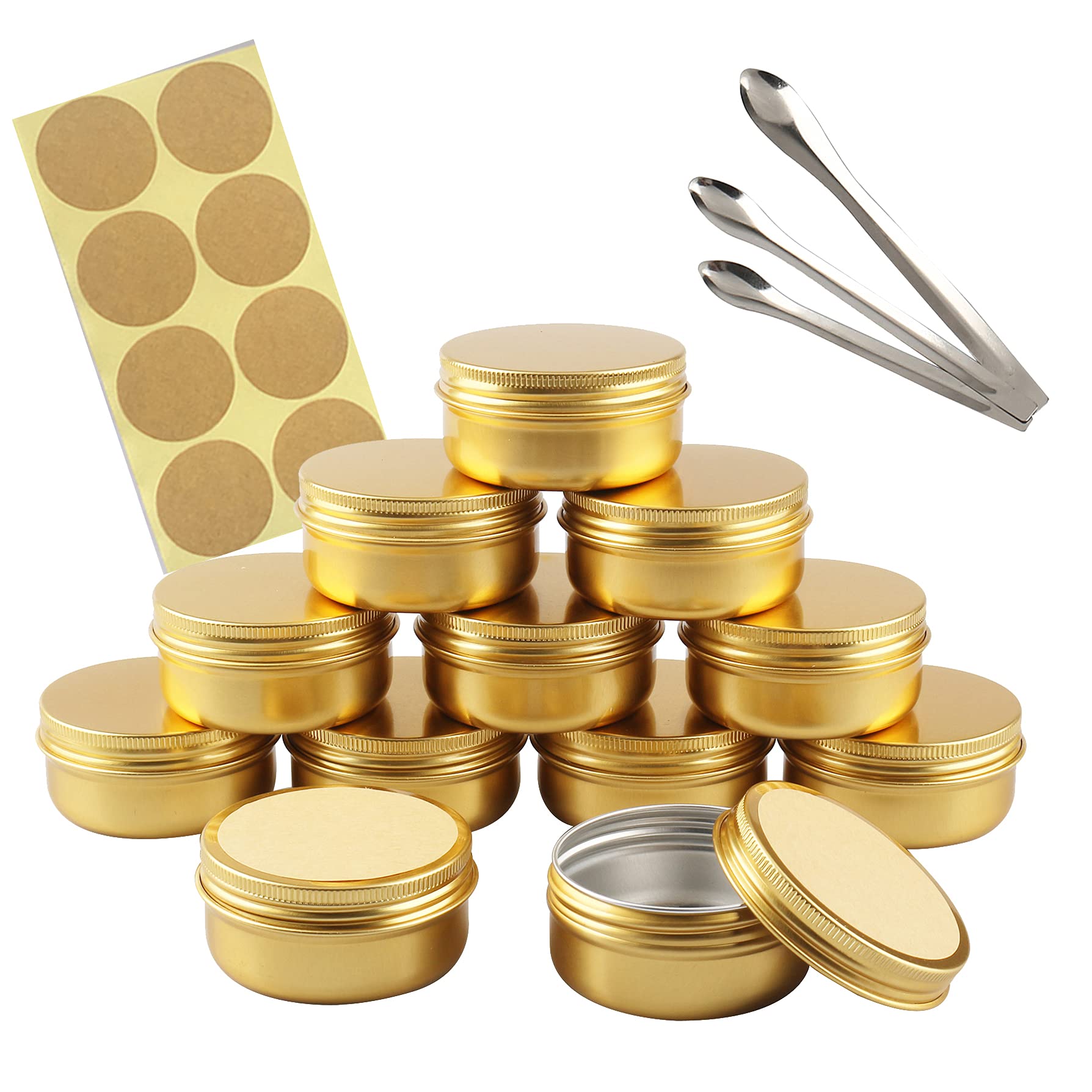Tianzd Gold 10 Pieces 50 Ml Empty Round Aluminum Tin Jars With Screw Lids Cosmetics Lip Balm Containers Pots For Diy Candle Salve Salt Powder Crafts Storage Cans With 3X Spoon, 10X Labels