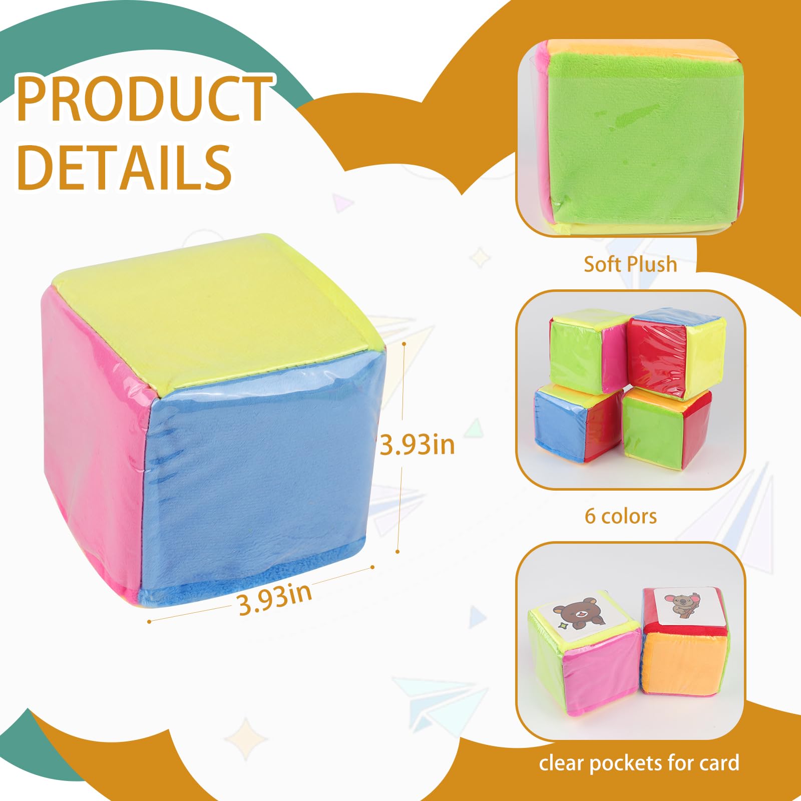 Cubi Educativi per Bambini - 2 Pezzi con 6 Tasche Trasparenti su Ogni Lato, Peluche da 10 cm, Schiuma Grande, Colorati per Prime Lezioni