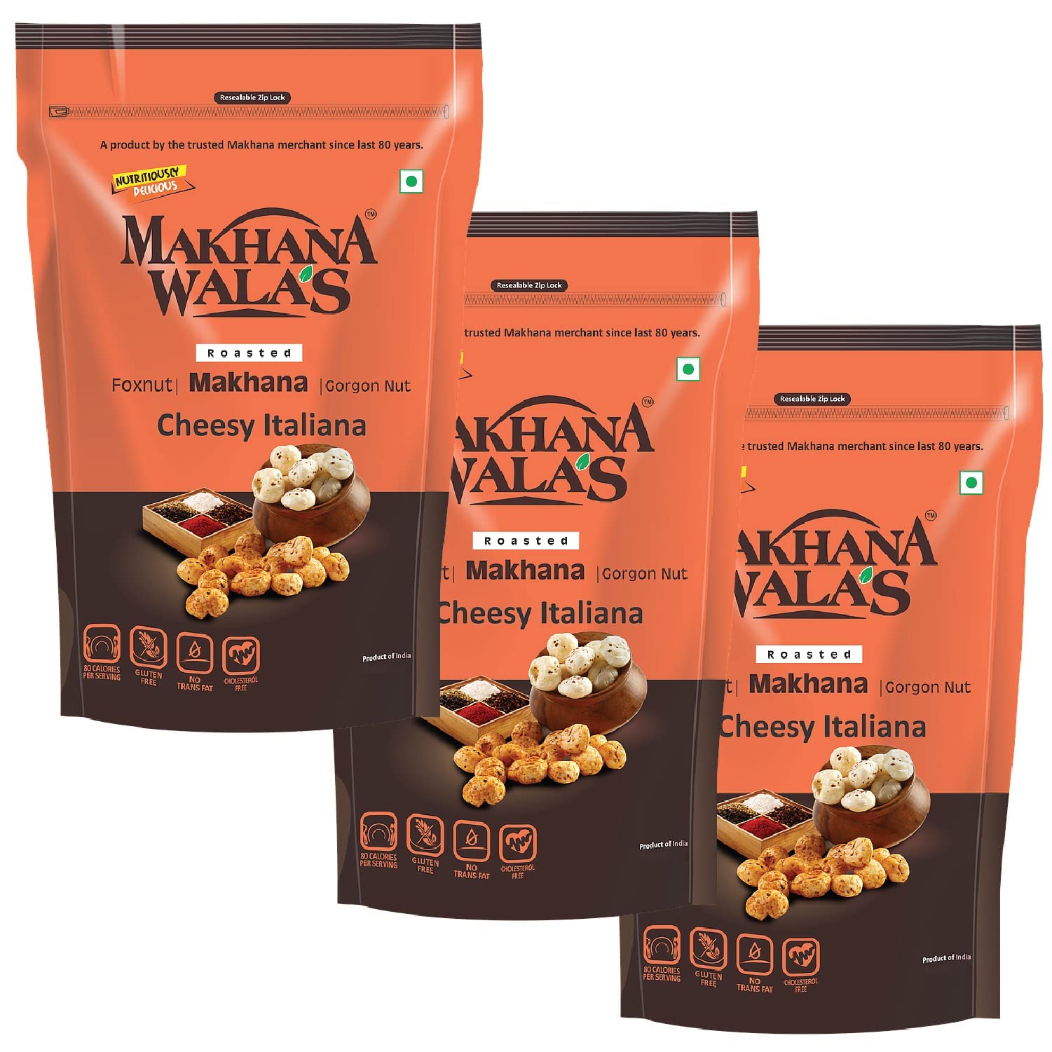 Makhanawala’s Roasted & Flavoured Makhana (Foxnuts)/ Gorgon nut |Gluten Free Vegan Snacks | Healthy Diet Immunity Booster Snacks Water Lily pops, Cheesy Italiana, Pack of 3, 55 g Each.