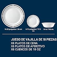 Vista 5 de Corelle Juego de vajilla de 18 piezas para 6, platos y cuencos redondos ligeros, vidrio de triple capa Vitrelle, resistente a las astillas y a