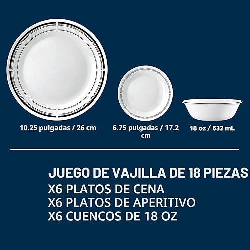 Miniatura 5 de Corelle Juego de vajilla de 18 piezas para 6, platos y cuencos redondos ligeros, vidrio de triple capa Vitrelle, resistente a las astillas y a