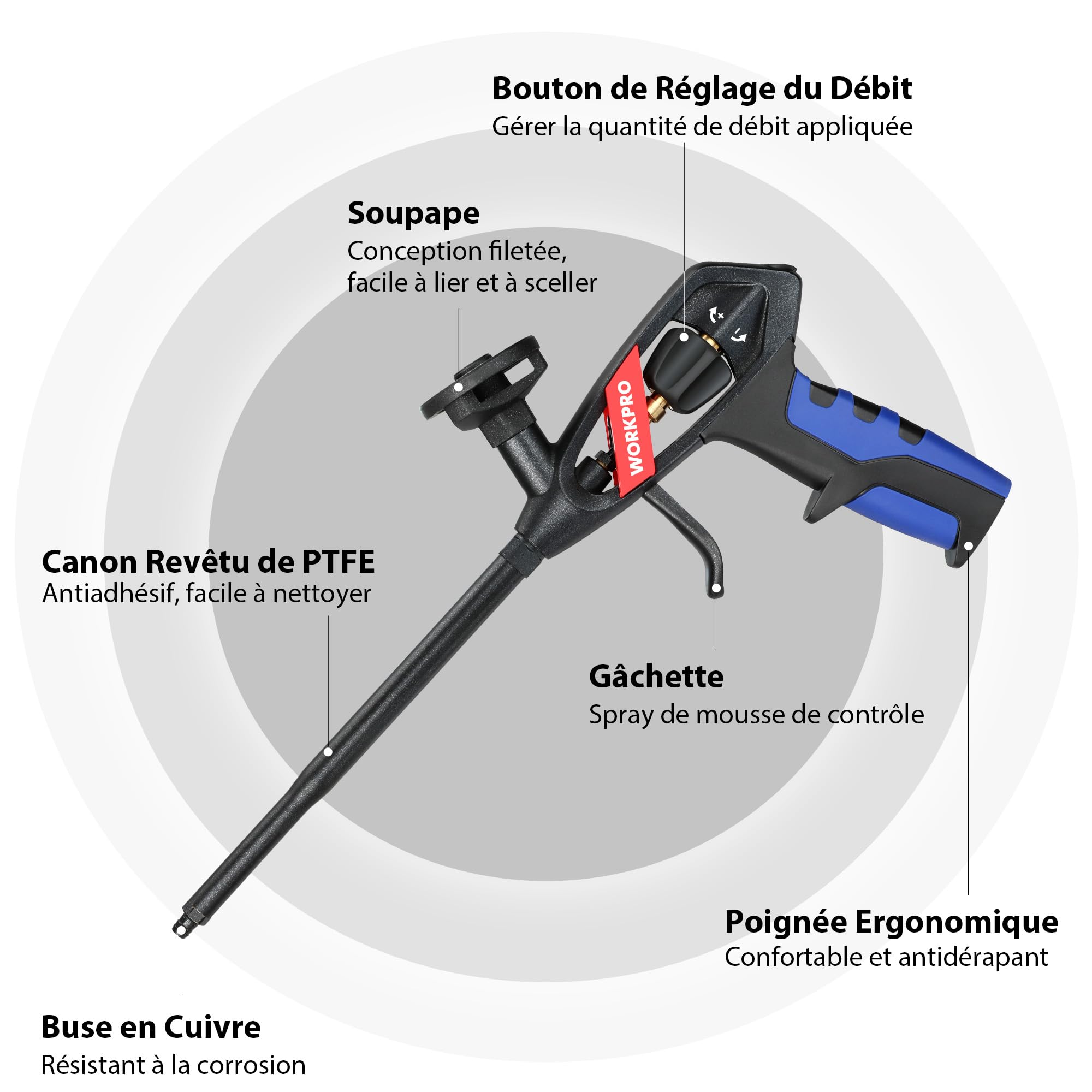 WORKPRO Pistolet Mousse Polyurethane, Pistolet à Mousse, Pistolets à Mousse Expansive PU, Réglage d'une Seule Main, Sortie de Mousse Réglable et Précise pour Calfeutrage, Etanchéité, Remplissage