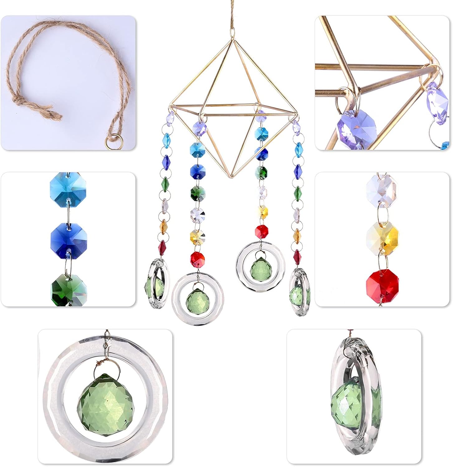 SUNYIK Geometric Hanging Air Plant Holder with K9 Crystal Sun Catcher, Air Plants Tillandsia Hanger Rack Container with K9 Crystal Prism for Indoor Outdoor Home Decor, Green