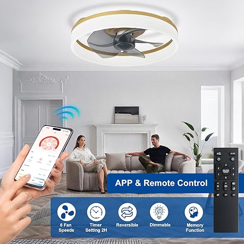 Miniatura 6 de DLLT - Ventilador de techo LED con luz lámpara de techo moderna de perfil bajo de 16 pulgadas con aplicación y control remoto, lámpara de ventilador