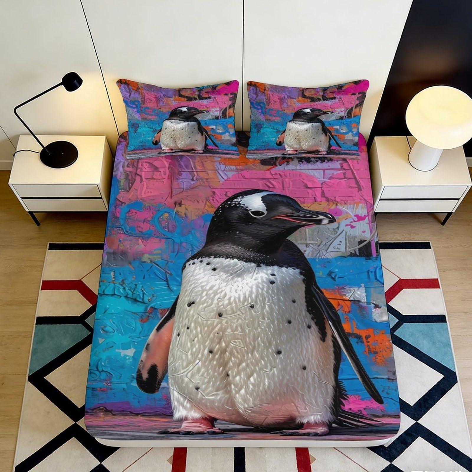 3D Printed Penguin Fitted Sheet Microfiber Deep Pocket Bedroom Bedding Penguin Mattress Fitted Cover Non-Slip Washable for Adults 140x200x25cm