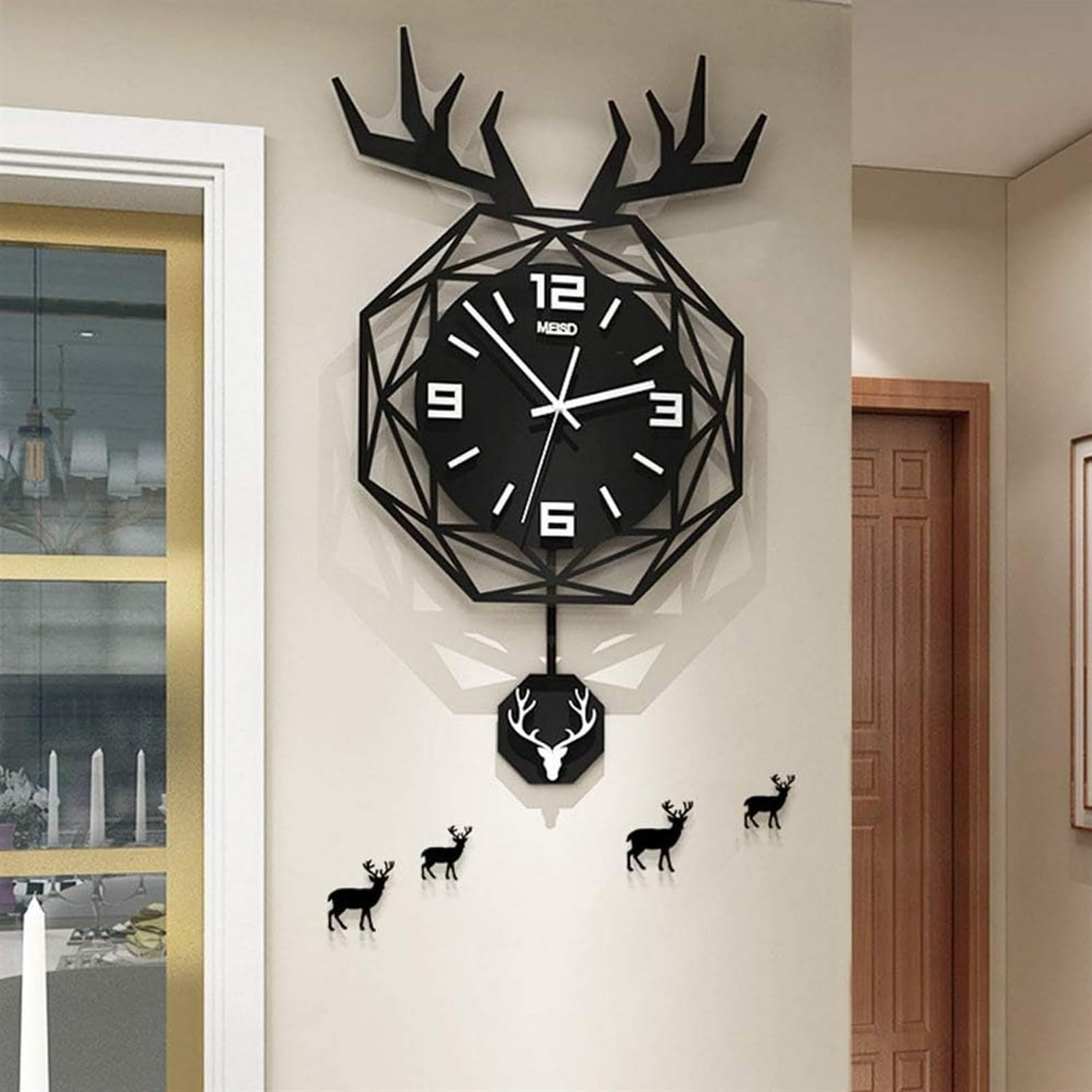 Horloge murale design tête de cerf avec pendule acrylique silencieux pour salon