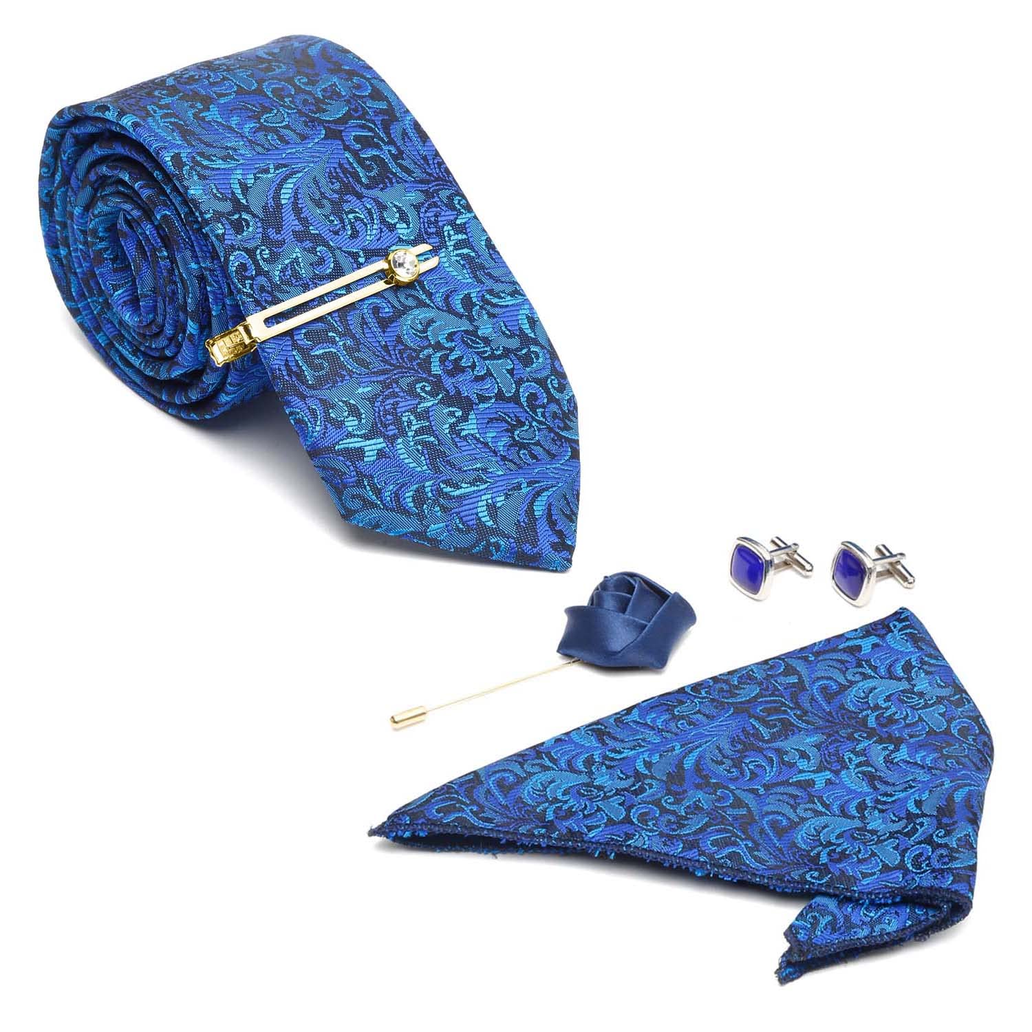 MUTAQINOTIMens Checkerd Blue Woven Premium Silk Necktie Suit Accessories Set With Pocket Square Cufflinks Brooch Golden Tie Pin (TEBU04GP)