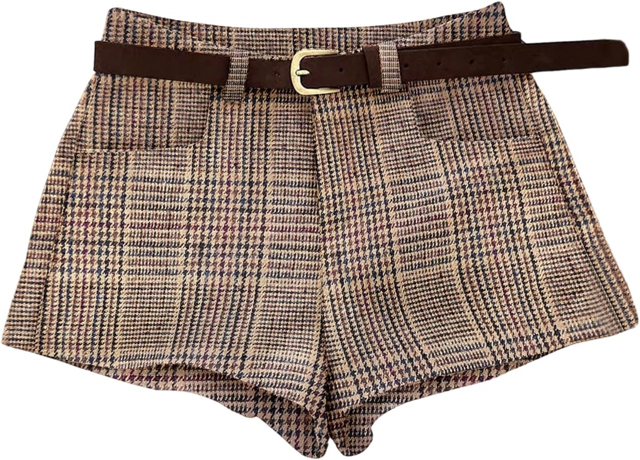 MakeMeChic Women's Plaid Dressy Shorts Business Houndstooth Mini Shorts with Belt
