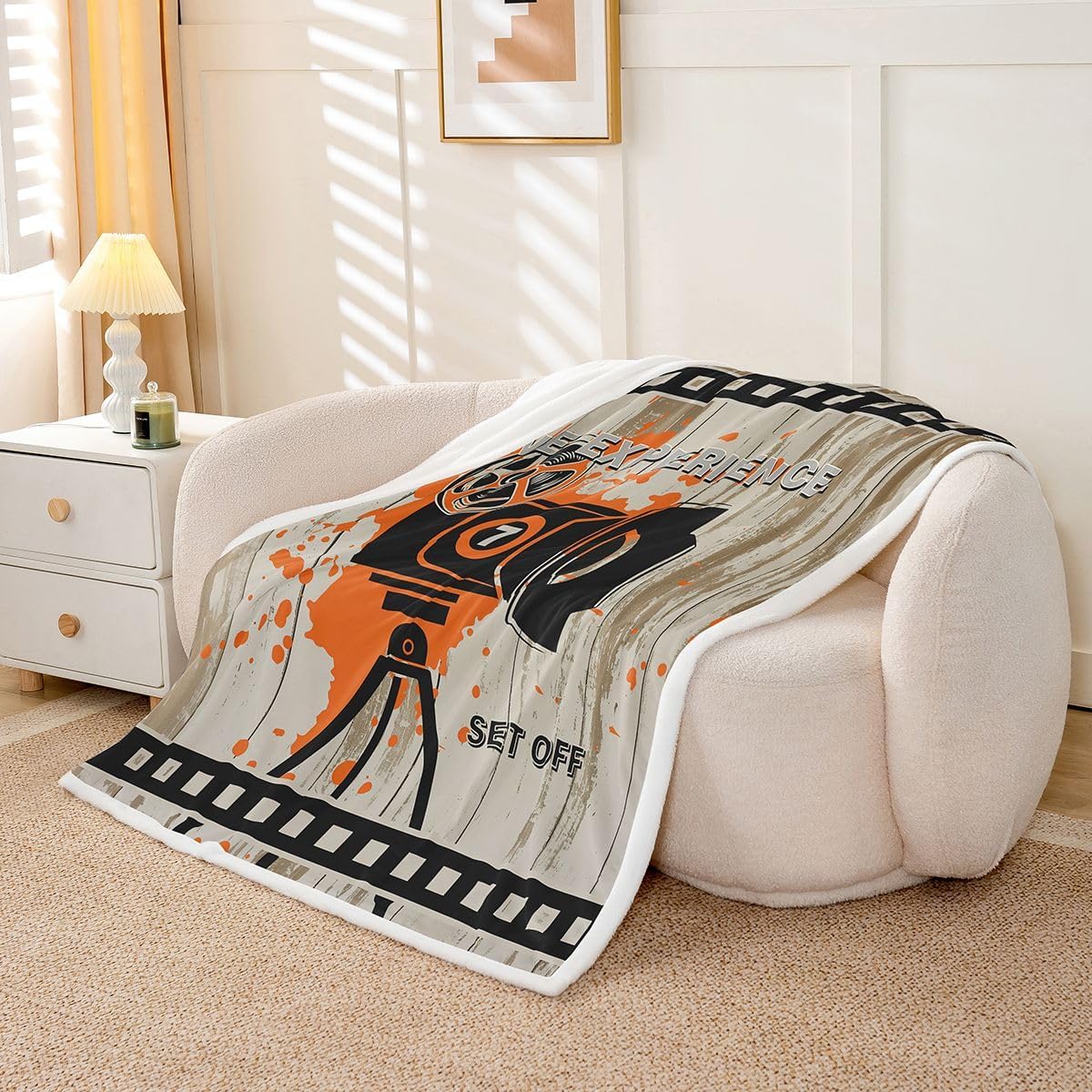 Homewish Vintage Cinema Poster Throw Blankets,Movie Theater Fleece Blanket,Kids Girls Boys Adult Film Camera Pattern Fuzzy Blankets Rustic Wooden Print Sherpa Blanket Chair Sofa Bed Decor,30"×40" image 2