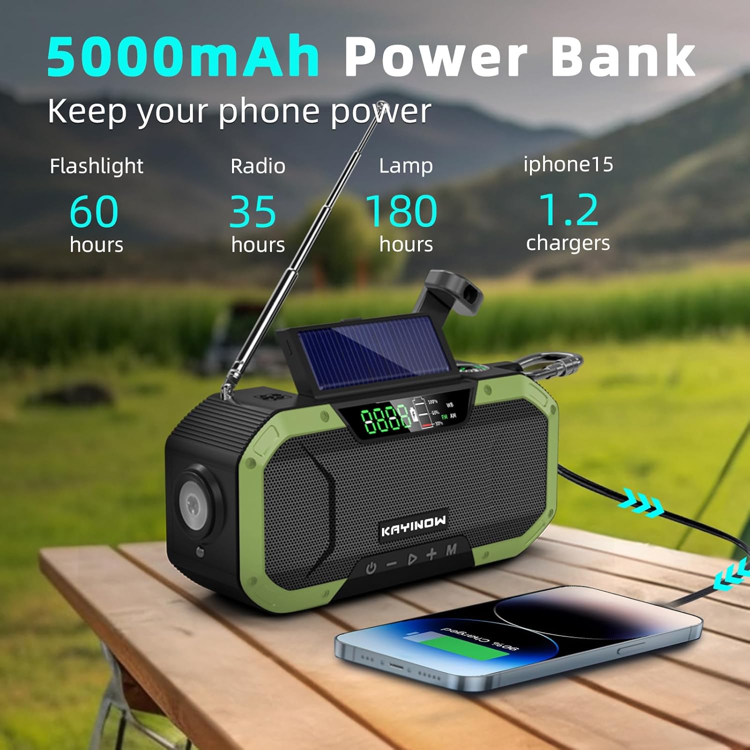KAYINOW Emergency Radio charging a smartphone via USB cable