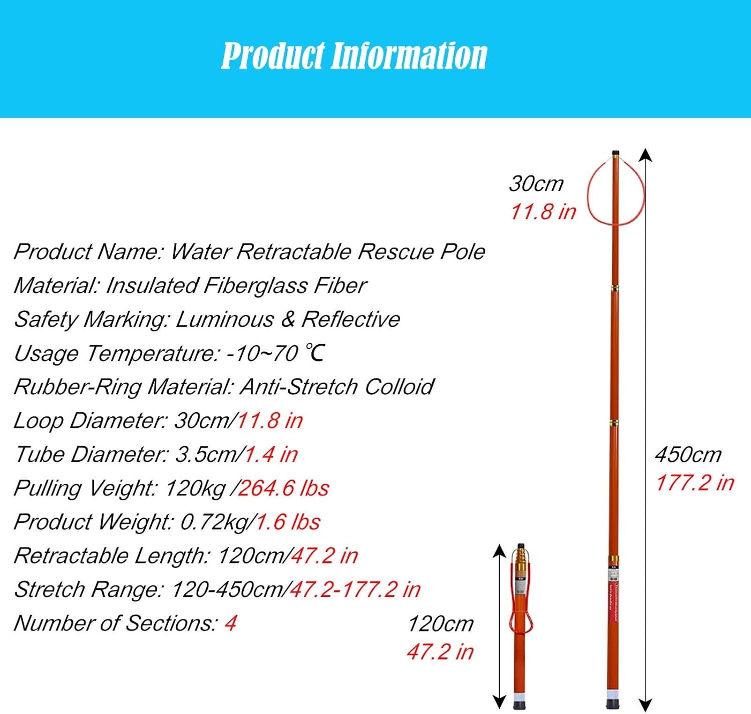 Lifesaving Pole Retractable Swimming Pool Safety Pole, 4.5M 5.5M 6.5M Pool Rescue Pole, Emergency Life-Saving Equipment for Helping Struggling, Drowning Swimmers (Size : H 450cm)