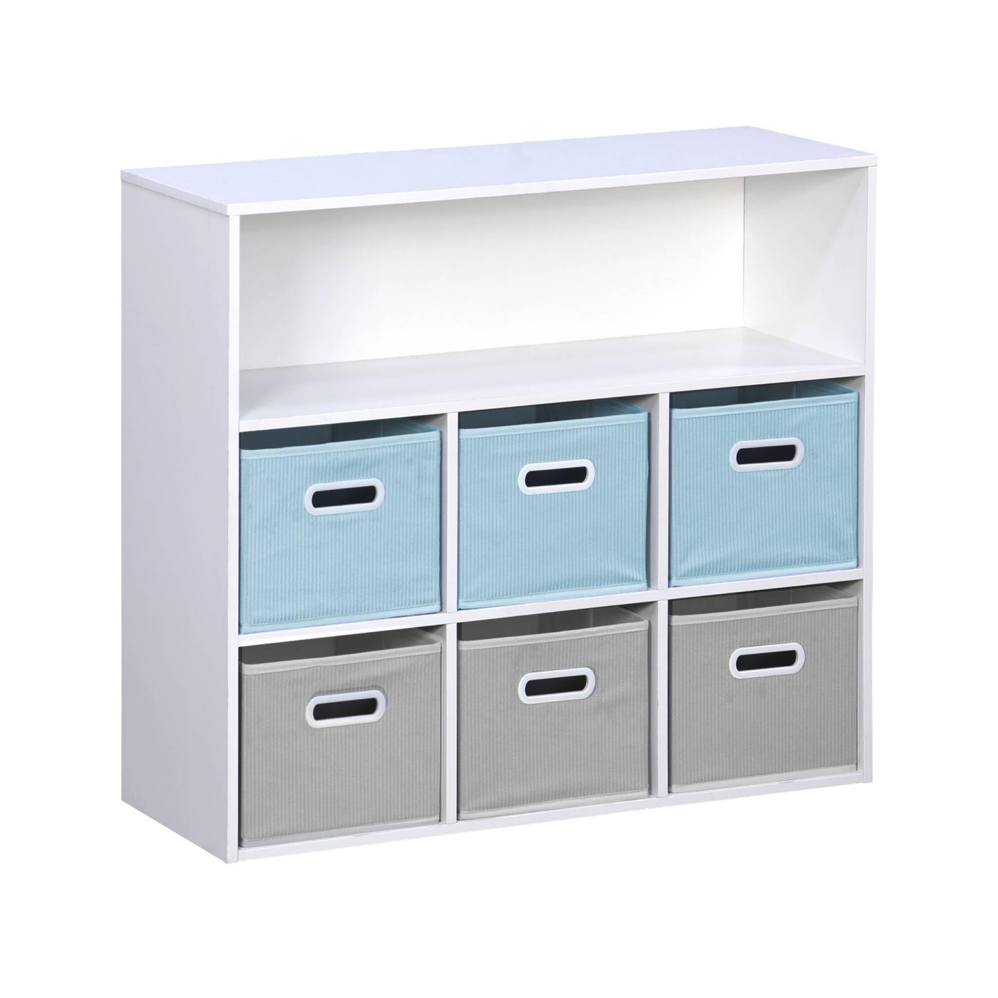 Libreria per bambini con 6 cestini in velluto, Camille, Blu, 129.5x76.2x70 cm