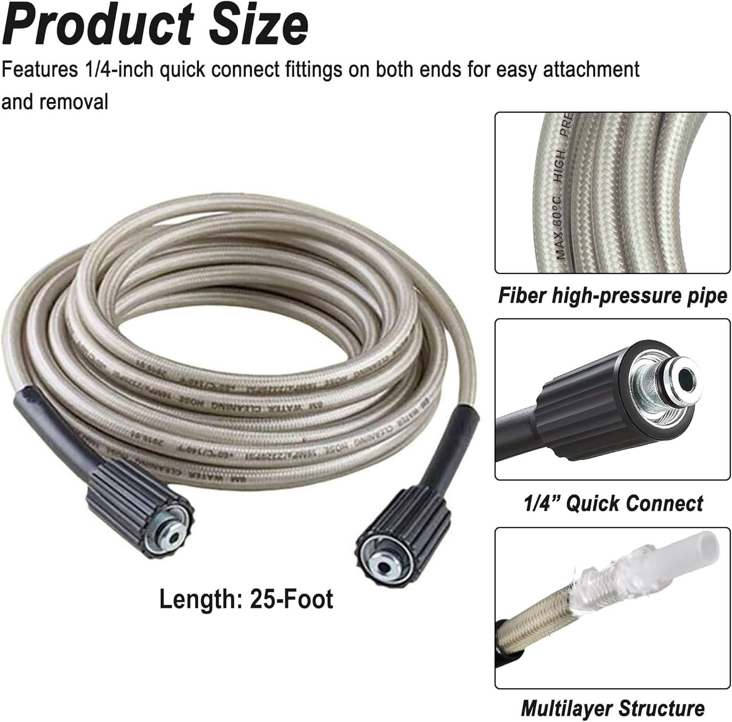 25-Foot Pressure Washer High Pressure Hose, Replacement for Greenworks 5200402, Compatible with all Greenworks Pressure Washers, 1/4-Inch Quick Connect