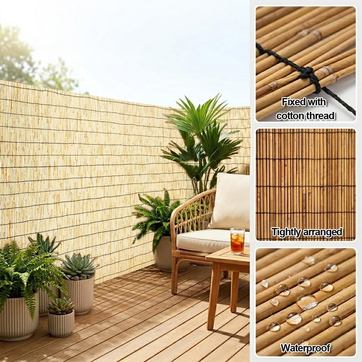 Rotolo di Arella Canna Naturale, Recinzione Frangivista Giardino bambù, Decorazioni Recinzione Frangivista, Copertura Privacy for Terrazzo Esterno(H150cmxL400cm)