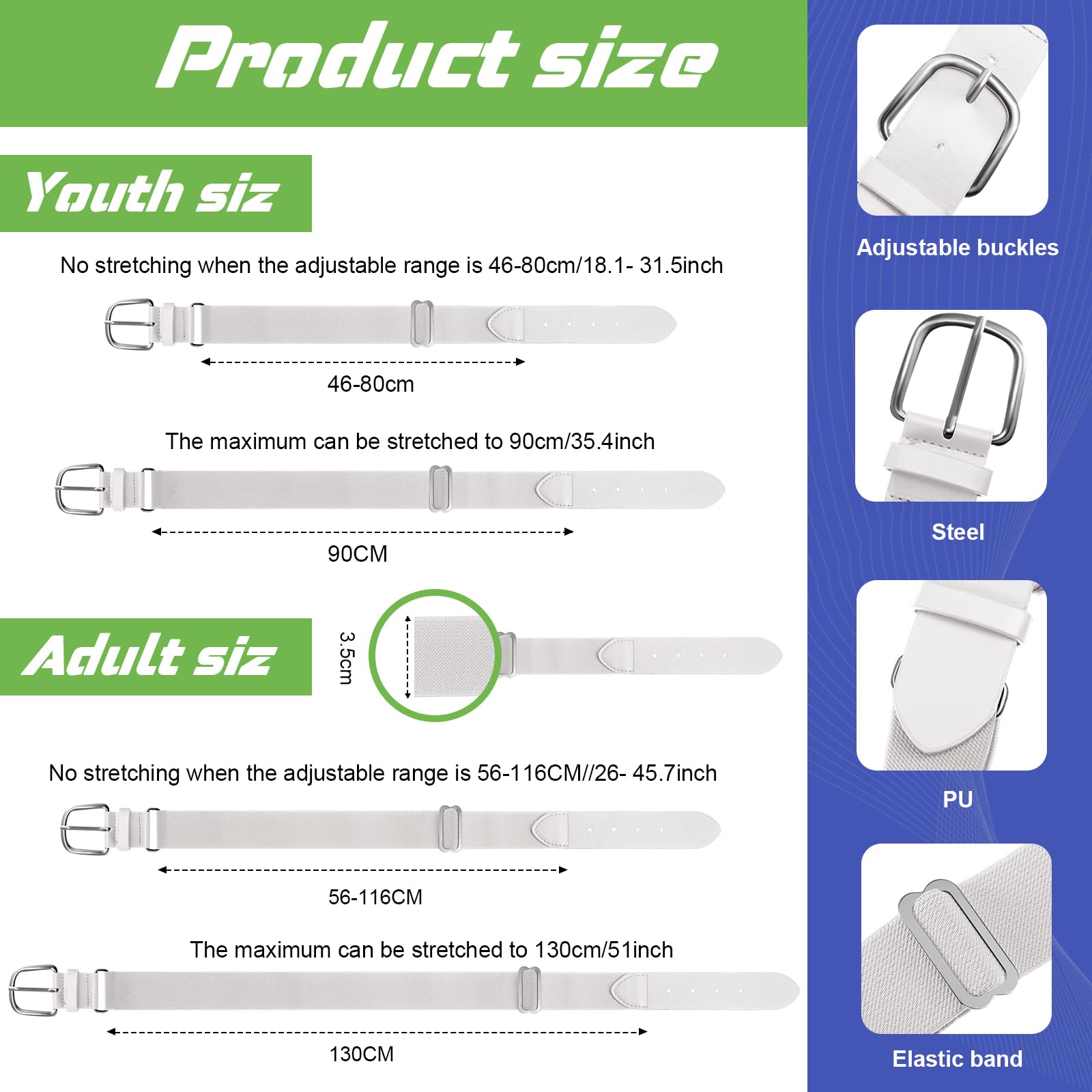 Hercicy 3 Pieces Adult and Youth Baseball Softball Uniform Belts, Adjustable Size Uniform Belt (White,Adult)