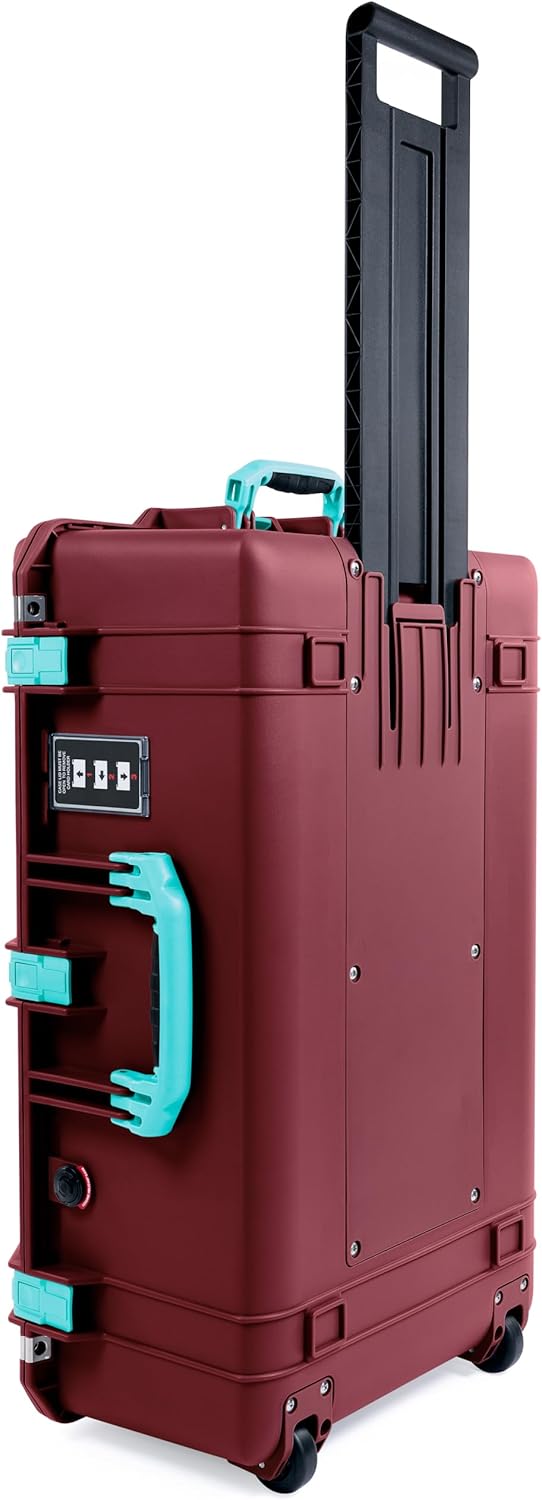 ColorCase Pelican 1595 Case OxBlood - Large Sized Waterproof Case with Pick & Pluck Foam & Combo Pouch Lid Organizer- Teal Handles & Latches