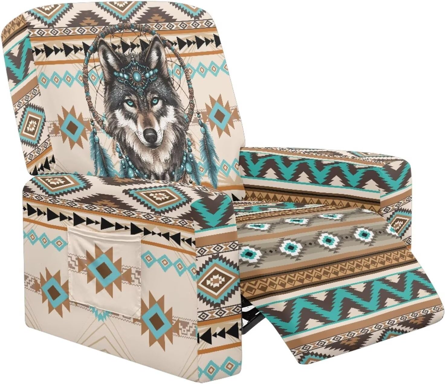 Aztec Tribe Geometric Wolf Print 4 Piece Recliner Chair Cover, Stretch Lazy Boy Non Slip Covers for Recliner with Pocket, Soft Reclining Sofa Slipcovers Furniture Protector with Elastic