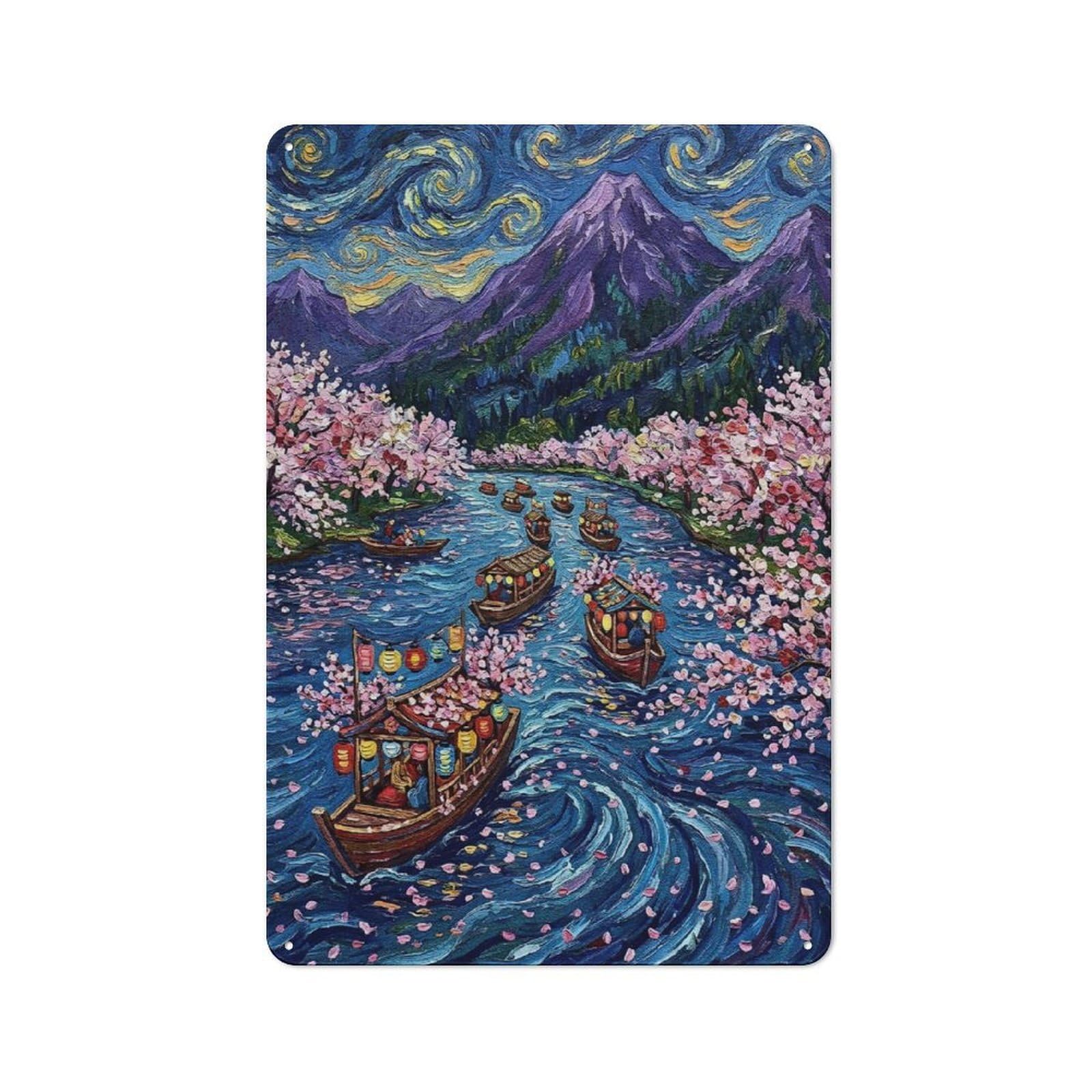 Junmoney Style-13 Tin Wall Plaque 30X20cm With Cherry Blossom River Boats Painting For Café Or Restaurant, Housewarming Present For People Styling Café And Restaurant