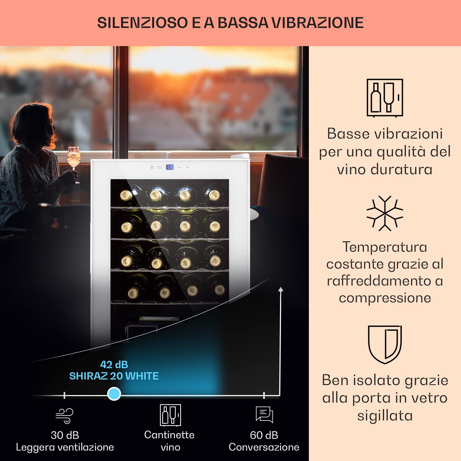 KLARSTEIN Cantinetta Vino Design, Cantinetta Vino Refrigerata a Zona Singola per Vino Rosso, Bianco e Birra, Controlli Touch, Frigo Vino Cantinetta per Esterno/Interno, 5-18°C, 53L, 20 Bottiglie