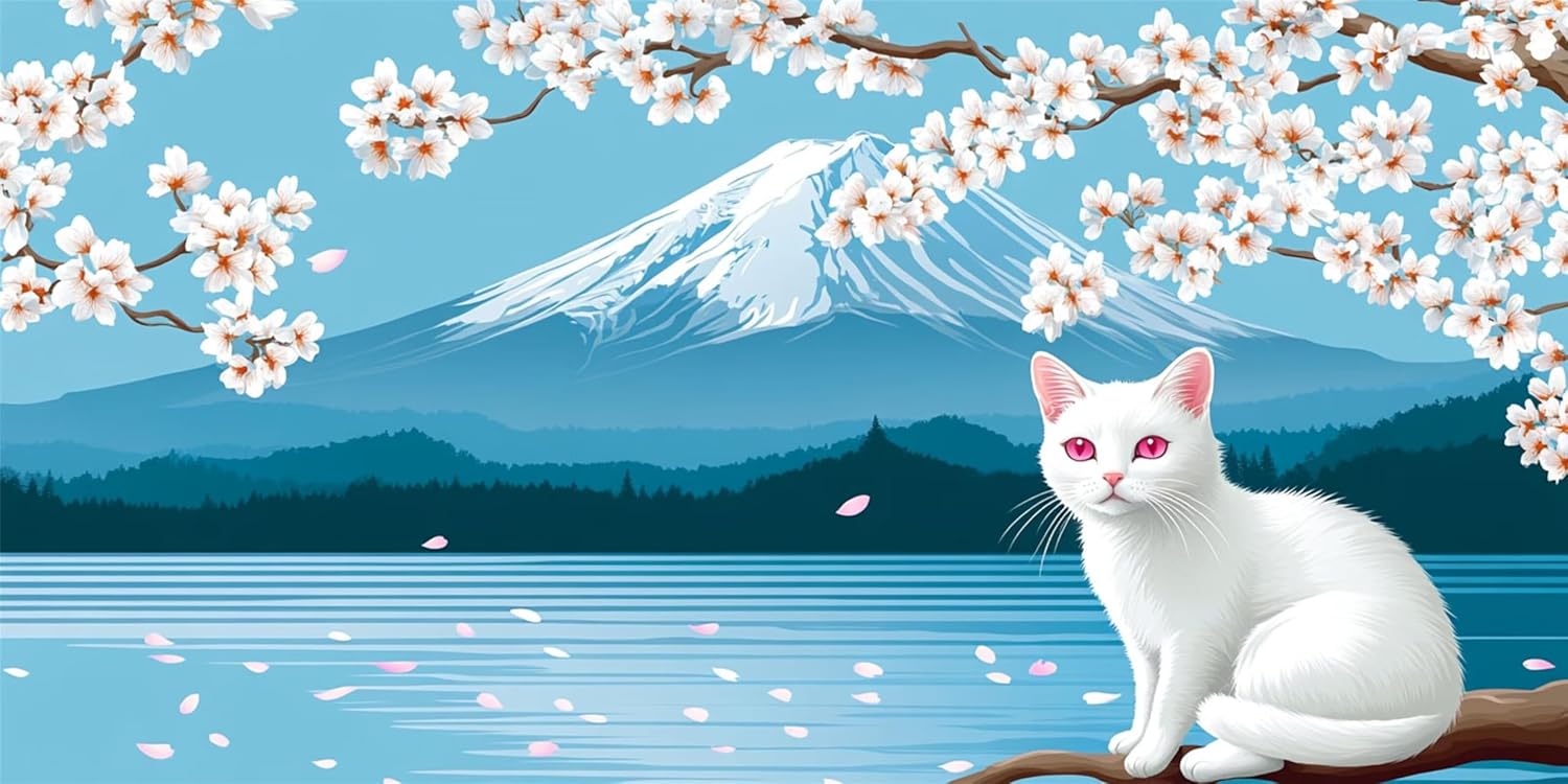 5D Diamond Art Cat Mount Fuji, Large Diamond Painting Kits for Adults, DIY Round Full Drill Kids Crystal Rhinestone Arts and Crafts Kits, Gem Art Painting for Home Room Decor Gifts 20 x 40 Inch Z-1056