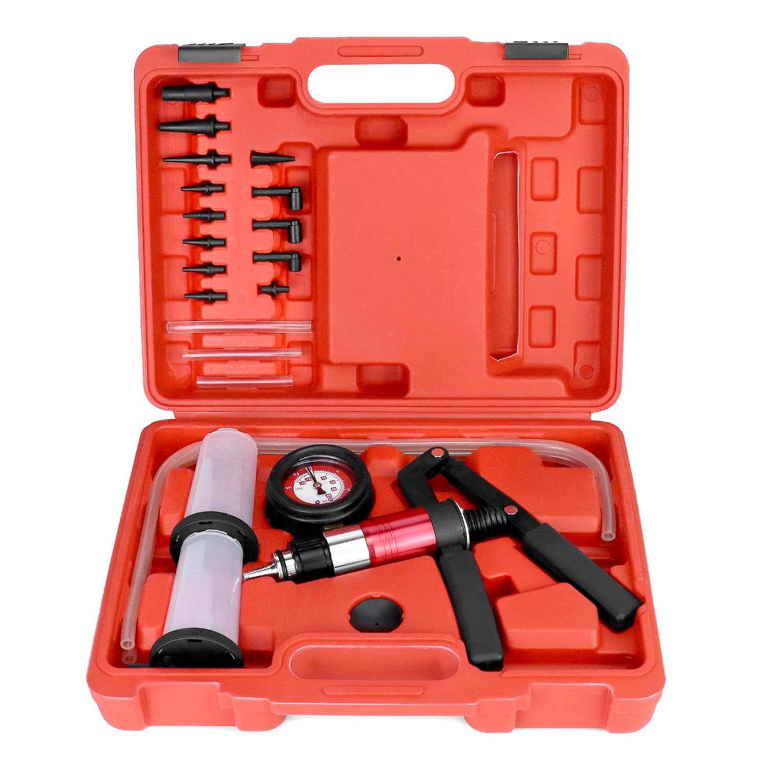 QWORK® Kit di spurgo Freni con Pompa a Vuoto, manometro e e adattatori universali - per Auto, Camion e Moto