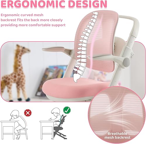Miniatura 6 de Silla de escritorio ergonómica para niños con respaldo de malla transpirable adaptable, asiento multiajustable y reposabrazos abatibles, silla de