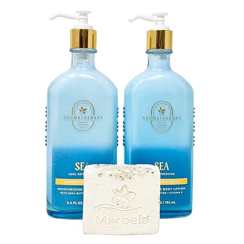 Bath & Body Works Aromaterapia Sea Soul refrescante JASMINE + EUCALYPTUS Paquete de 2 loción corporal hidratante con un jabón en barra de avena