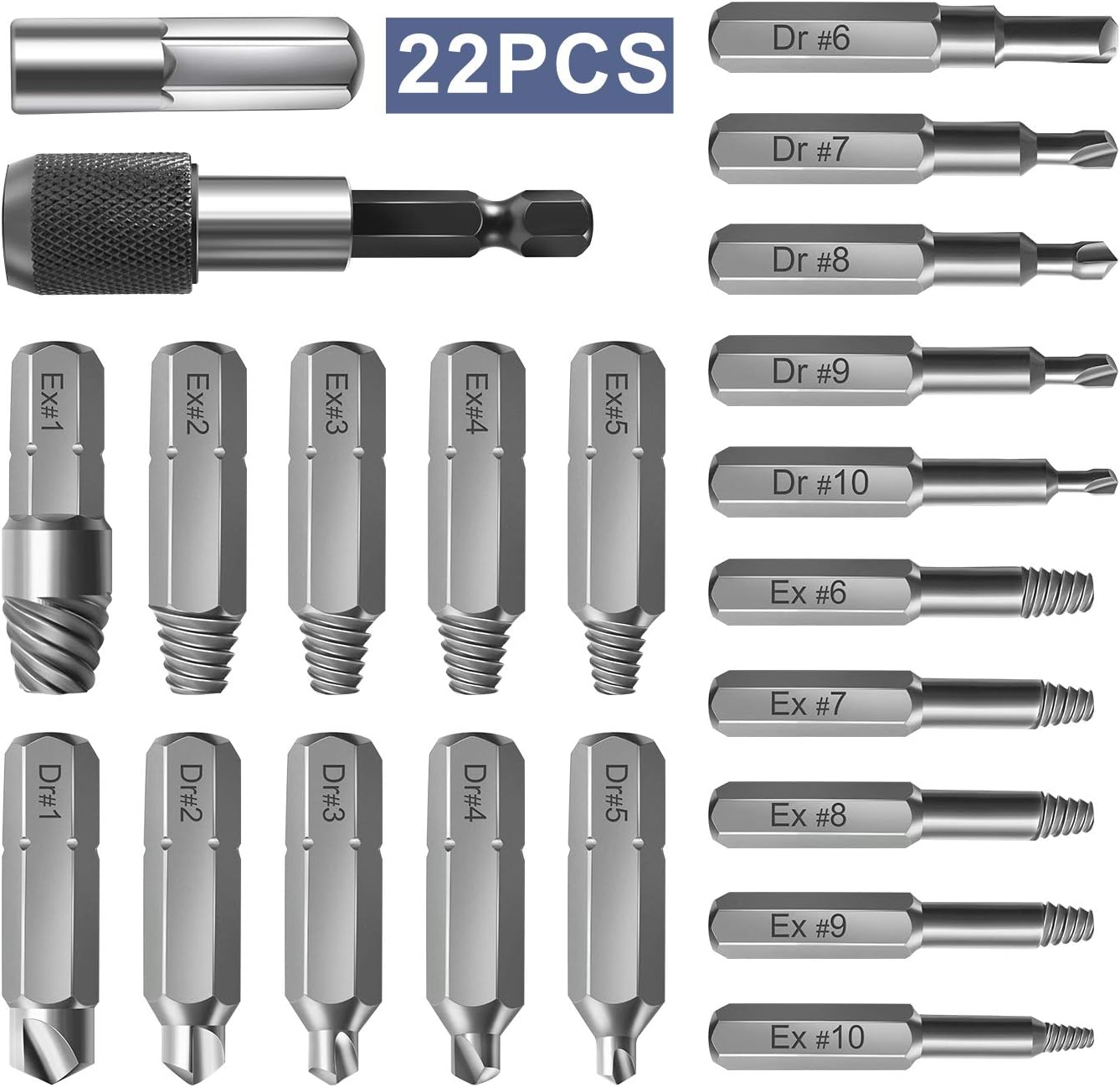 Damaged Screw Extractor and Remove Set 22 PCS with Extension Bit Holder and Socket Adapter for Broken Screw or Bolt Stripped Remover