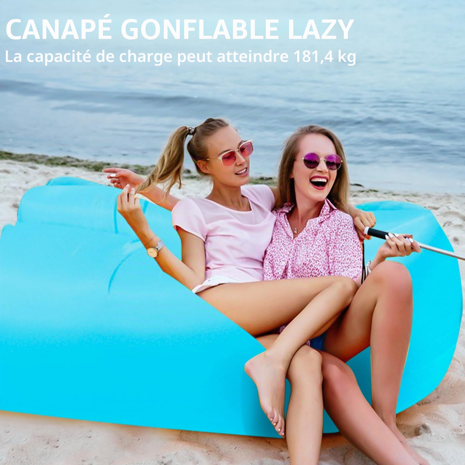Canapé gonflable de plage, chaise longue gonflable, pliable, anti-fuite d'air, avec sac gonflable pour voyages, camping, festivals de musique 200 x 70 cm