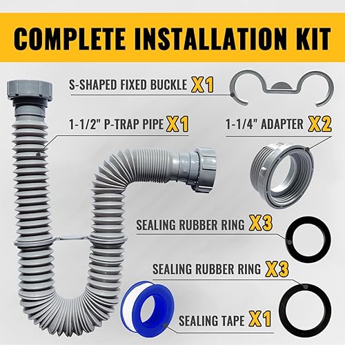 Miniatura 9 de Tubo de drenaje para fregadero P Trap de 1-12 pulgadas, tubo de drenaje flexible expandible para fregadero, tubo de drenaje en P de 11 a 31.5