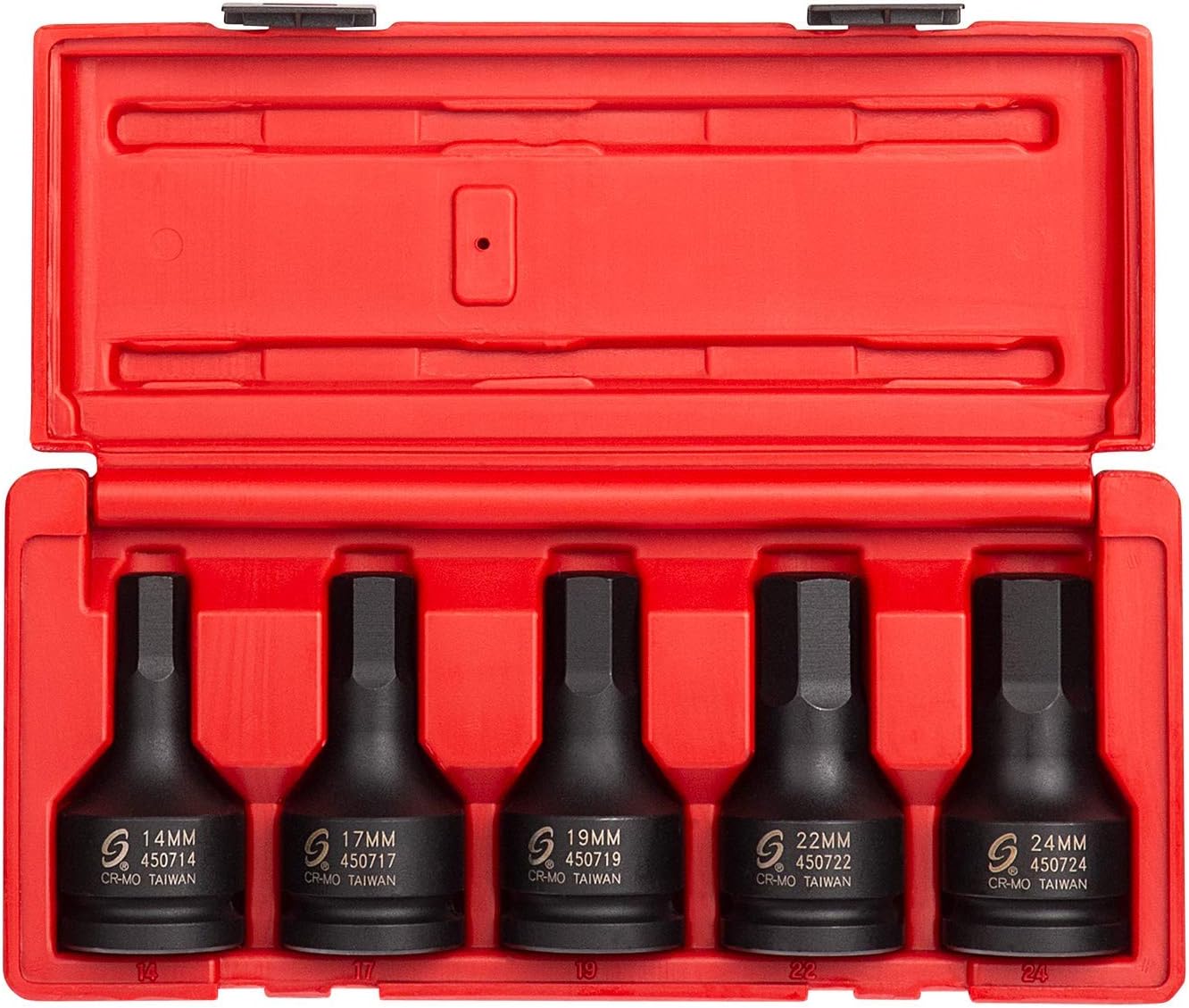 SUNEX TOOLS 4507, 3/4 Inch Drive Impact Hex Driver Set, 5-Piece, Metric, 14mm-24mm, Cr-Mo Steel, Dual Size Markings, Heavy Duty Storage Case