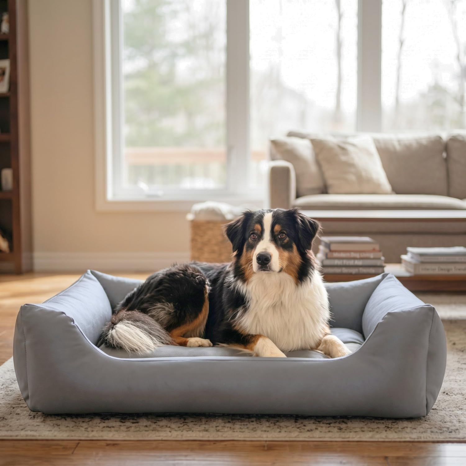4L Textil Mario Lit Orthopédique pour Chien Mémoire de Forme – Panier Chien Simili Cuir Imperméable, Résistant aux Rayures, Facile à Nettoyer – Gris – 120x90 cm