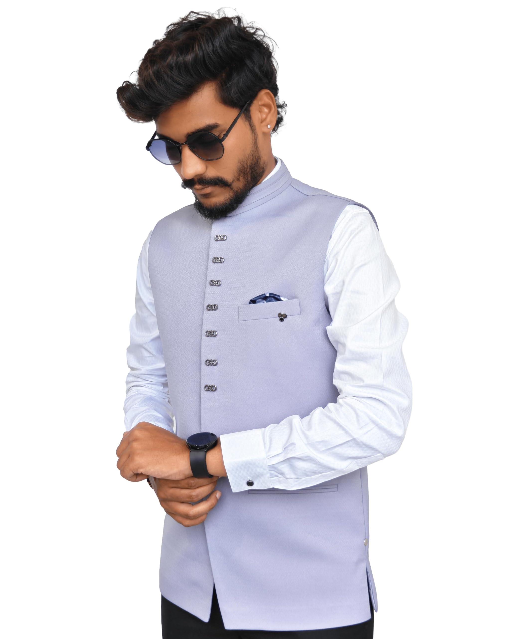 Men's Premium Textured Modi Jacket | Ethnic Nehru Waistcoat with Mandarin Collar & Pocket Square | Sizes 38-48 (Light Grey, 42)-image-19