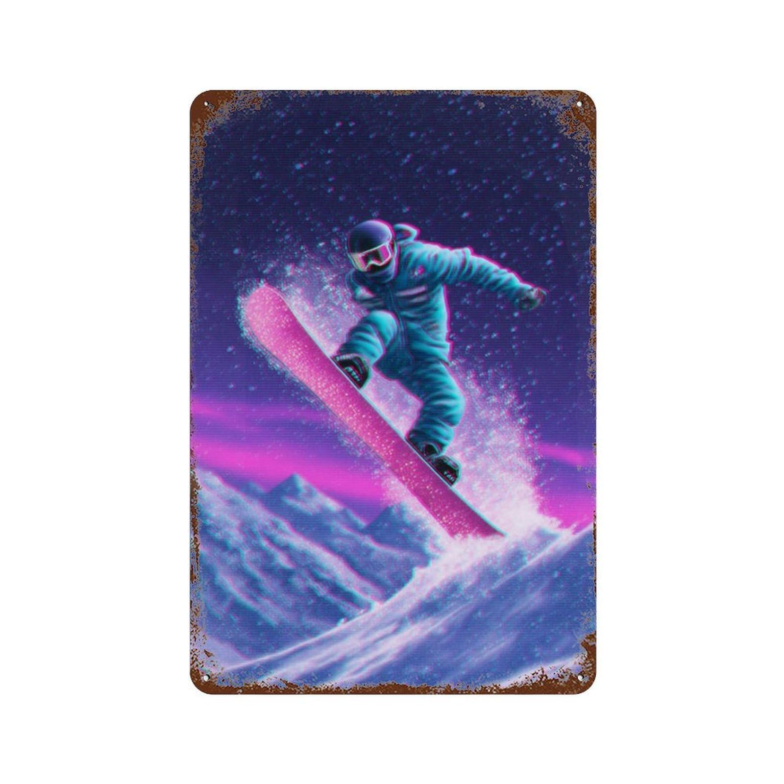 Rust Effect Neon Snowboarder in Action Decorative Tin Sign 11.8"x7.9", Classic Wall Plaque for Pub, Kitchen And Man Cave Decor