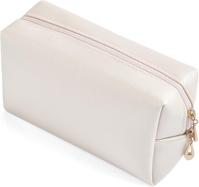 Necessaire de maquiagem Sohynca em couro sintético PU, compacta, com zíper, Ivory White