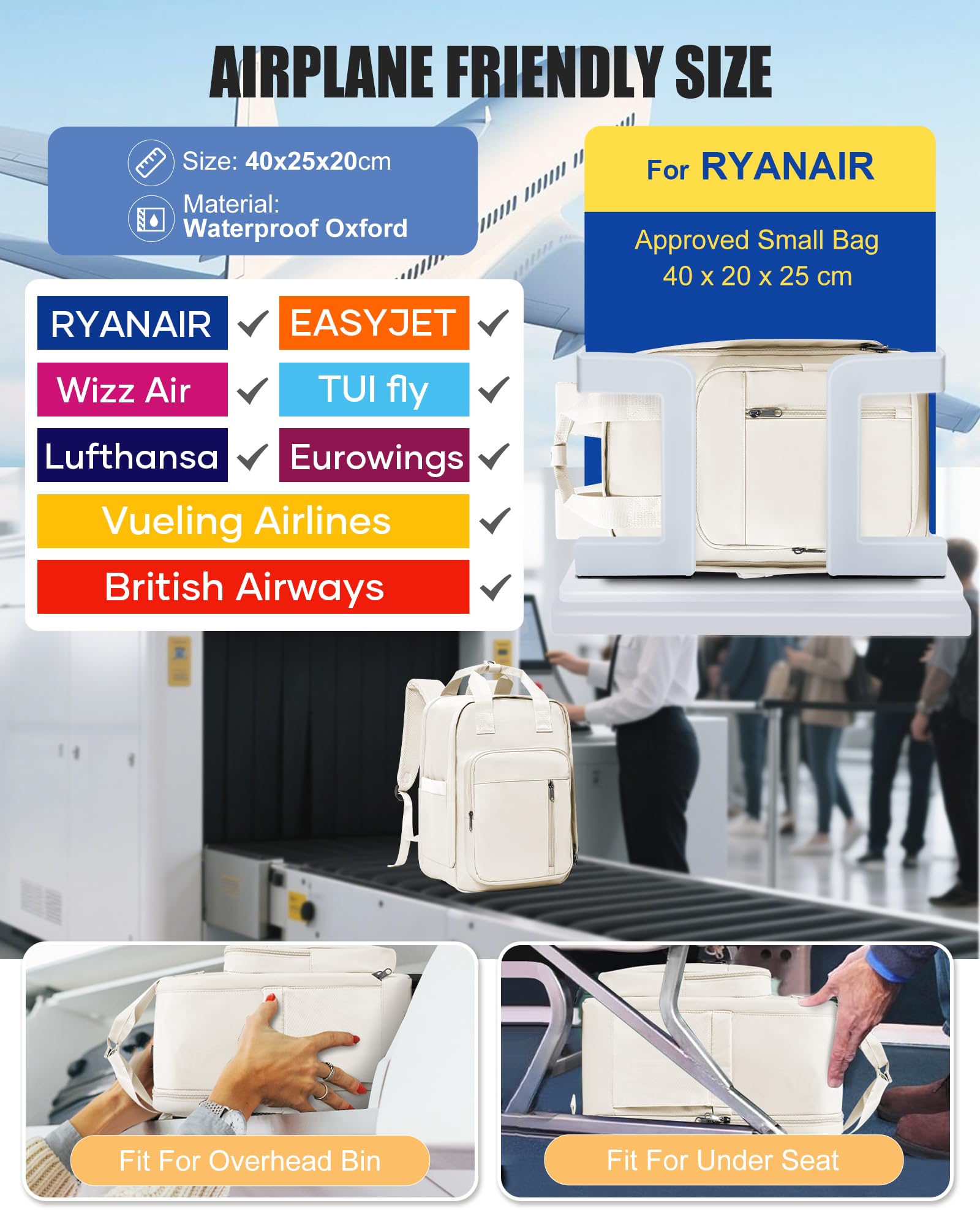 SZLX Zaino Ryanair 40x20x25 Donna Zaino da Viaggio 40x30x20 Sottovuoto con pompa Bagaglio a Mano Sottovuoto Uomo Borse da Cabina 45x36x20 Easyjet con scomparto per scarpe per Laptop da 14 Pollici