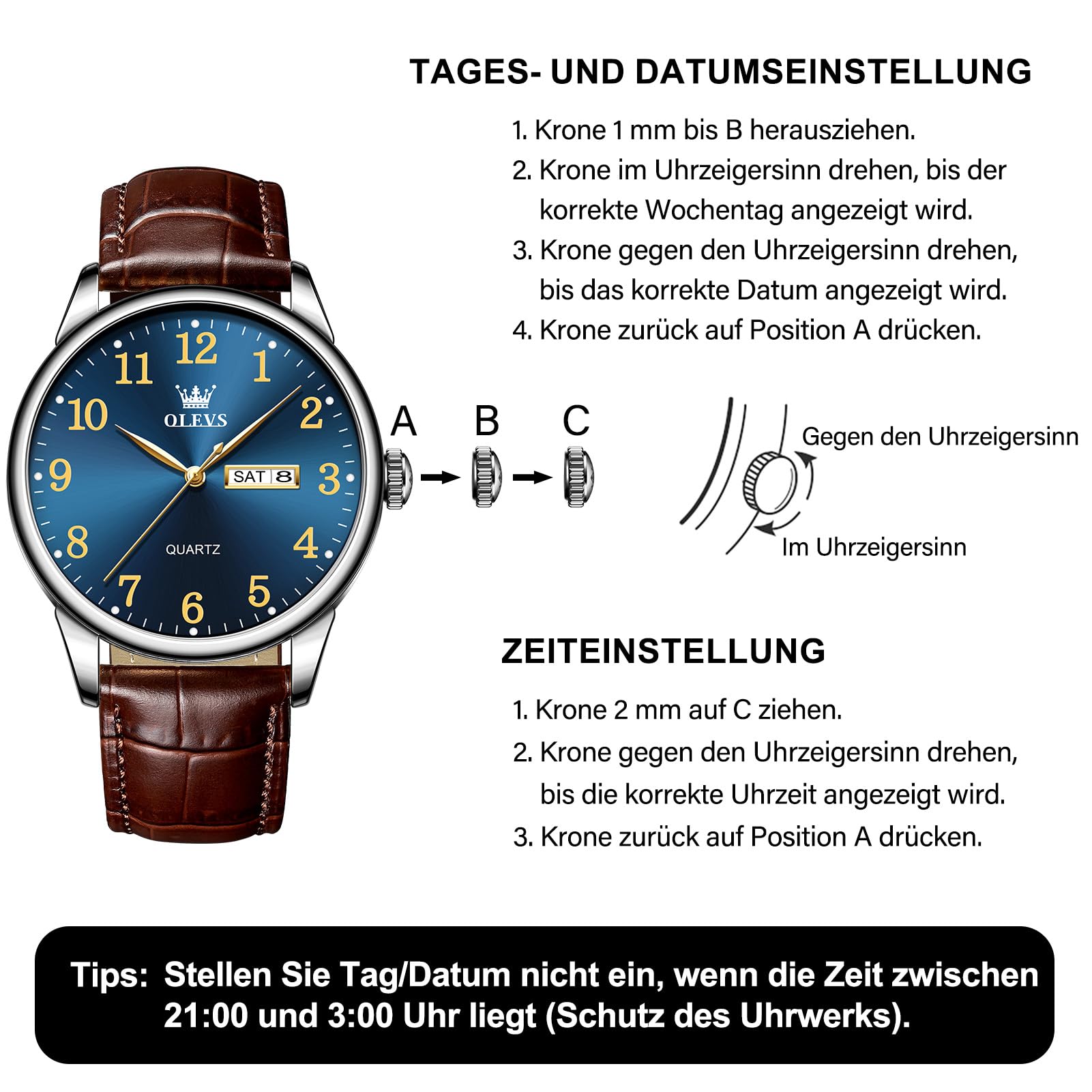 OLEVS Lederuhr für Herren, Edelstahl Analog Quarz Uhr, Klassisches Geschäfts-Kleid Uhr, Wasserdicht Leuchtend Tag Datum Armbanduhr