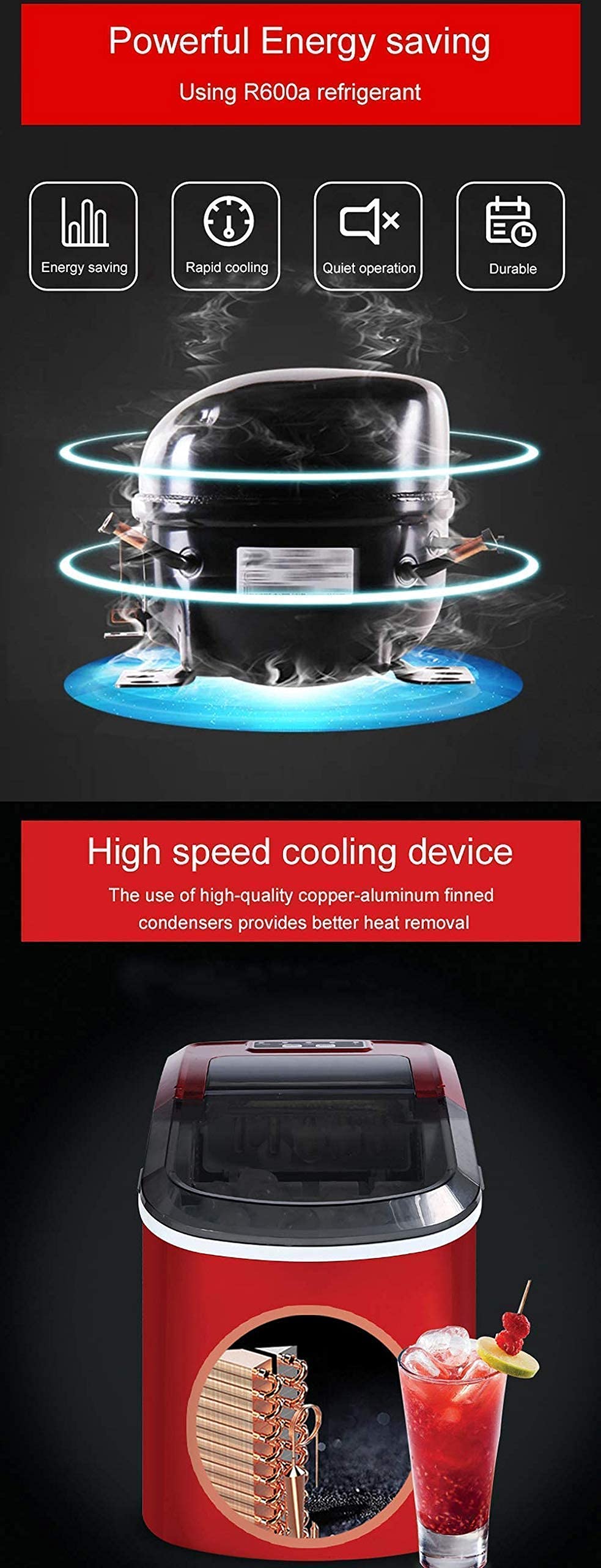 Jksvtf Mini Automatic Electric Ice Maker, 15kgs/24h Portable Bullet Round Block Ice Cube Making Machine Small Bar Coffee Tea Shop on Fridge.com - View 5
