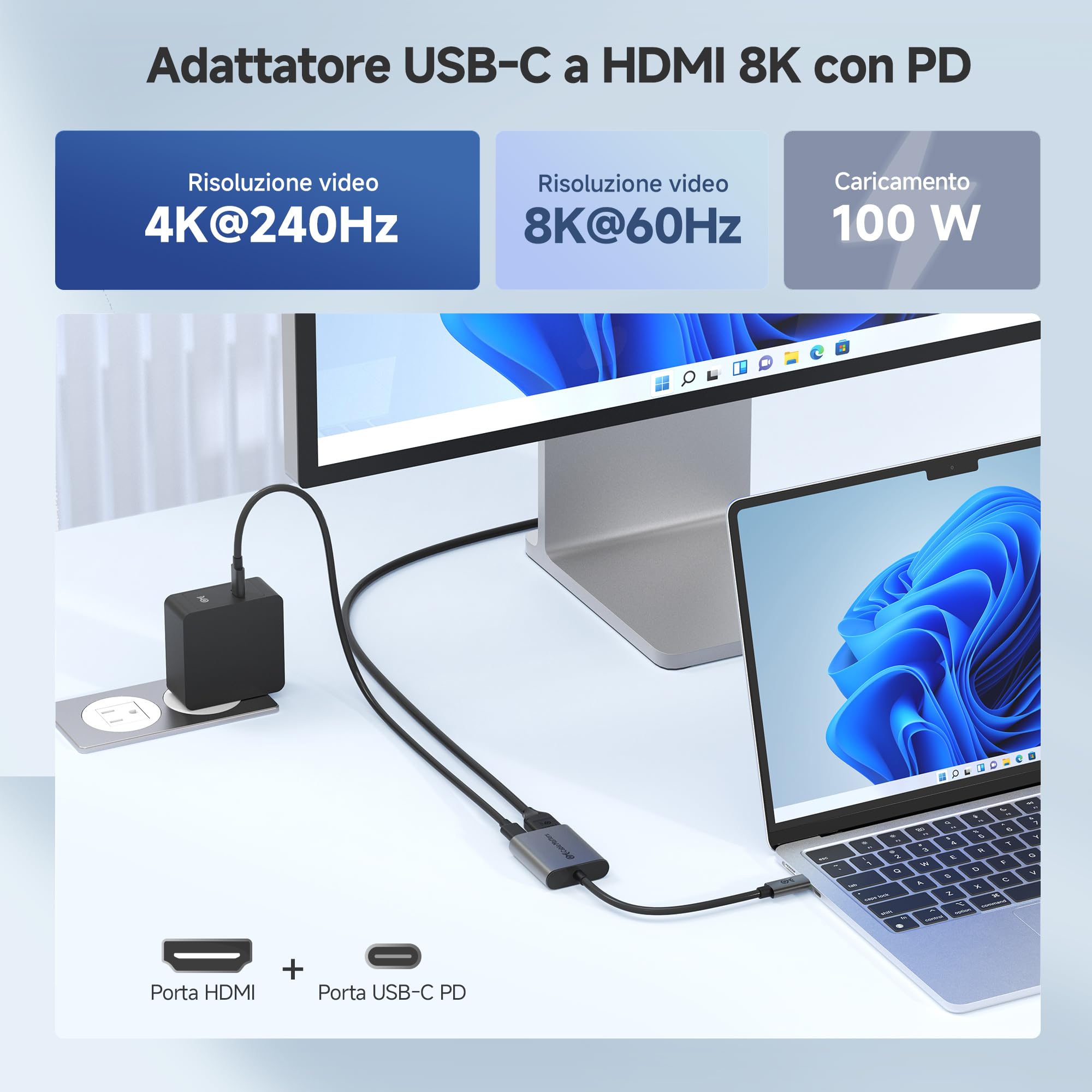 Cable Matters Adapter 48 Gb/s USB C na HDMI 2.1 obsługuje 4K 120Hz i 8K 60Hz (wymagany DSC) HDR, 100 W PD - Kompatybilny z Thunderbolt 3/4 Port - Maksymalna rozdzielczość na każdym MacBooku to 4K przy