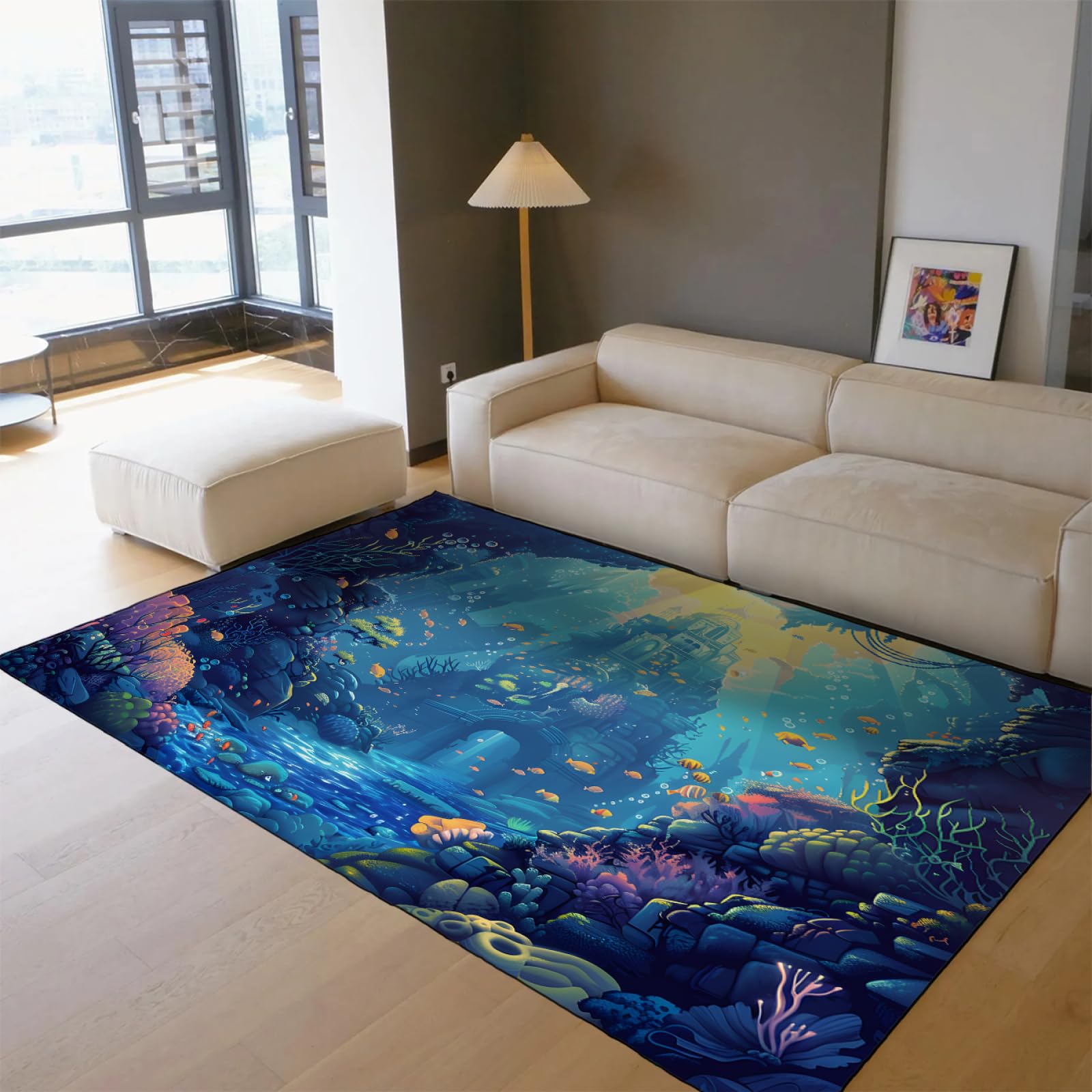 Dywan do pokoju dziecięcego, motyw Ocean Underwater Castle, redukcja hałasu, mata na krzesło, składana, trwała, antypoślizgowa mata ochronna na podłogę, 120 x 200 cm