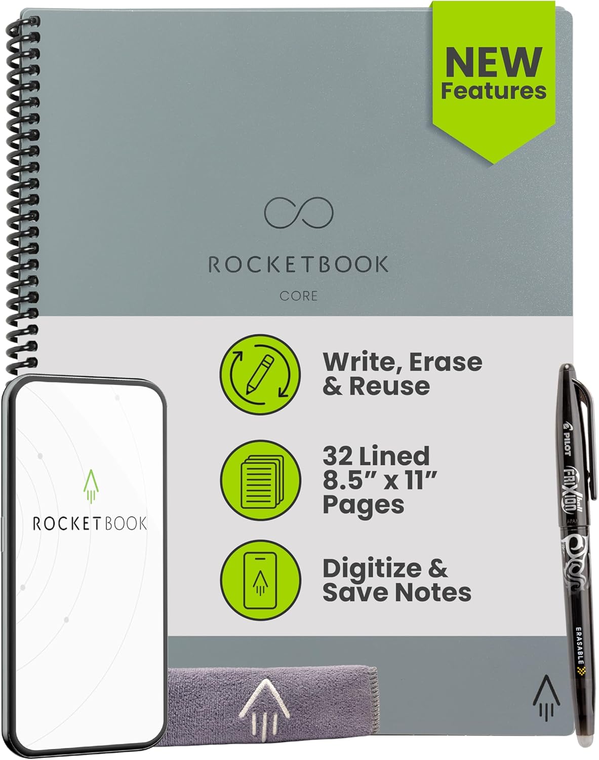 Rocketbook Core Reusable Smart Notebook, Lined Pages For School, Work and Creative Projects, Letter Size 8.5x11, Gray - Premium