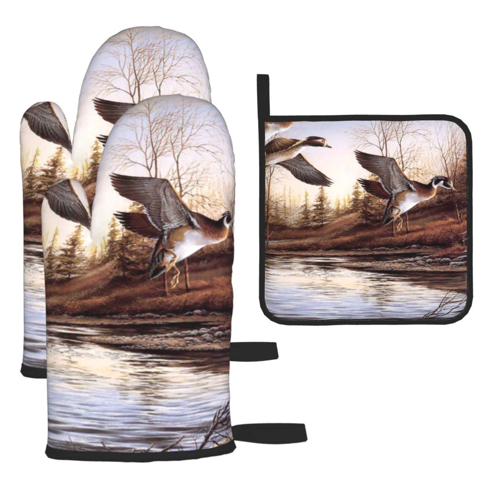 Mallard Ducks Printed Kitchen Baking Three-Piece Heat-Resistant Thick Cotton Oven Gloves for Cooking and Baking.