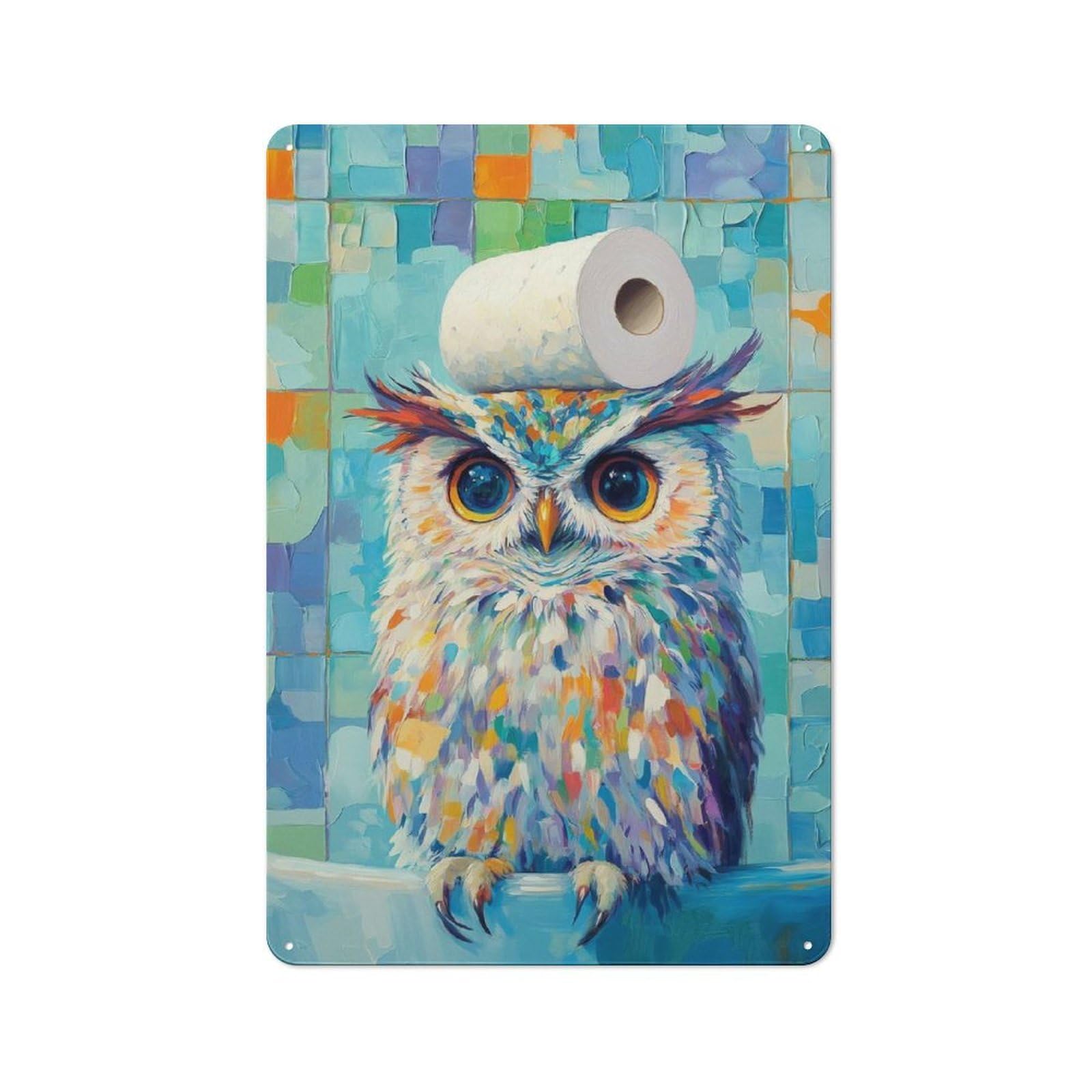 Junmoney Owl With Toilet Paper Country Farmhouse Metal Sign 30X20cm, Farmhouse Wall Decor For Dining Room, Cafe, Entryway Or Family Room