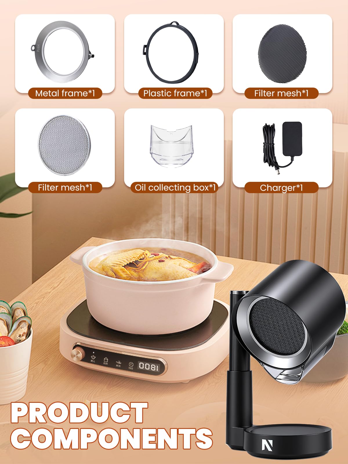 NEWTRY Cappa aspirante portatile – Potente 3 velocità di aspirazione compatta Mini aspiratore portatile con 2 filtri lavabili per casa, cucina, roulotte, esterni, hotpot Grill