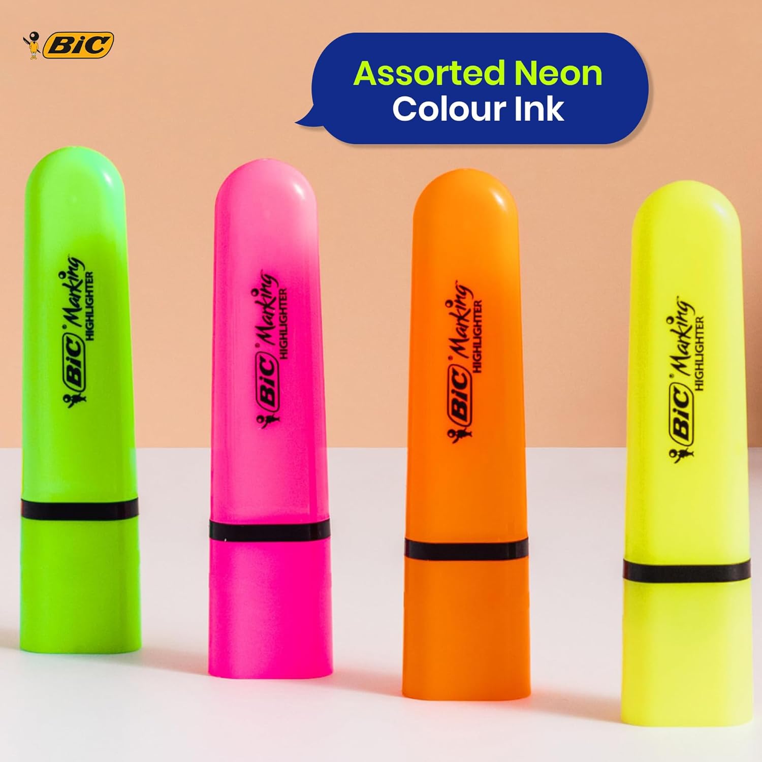 BIC 4 Colour Wood Effect Pens 12 Pack and Bic Marking Highlighter Flat Markers Neon 4 Pack Multi Ink Pens with Retractable Ballpoint and Quick Dry Ink Highlighters for Office School or Home
