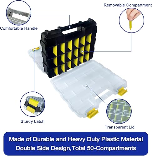 Miniatura 10 de Caja organizadora de herramientas, caja de almacenamiento de piezas pequeñas, 50 compartimentos, organizadores de hardware de doble cara con