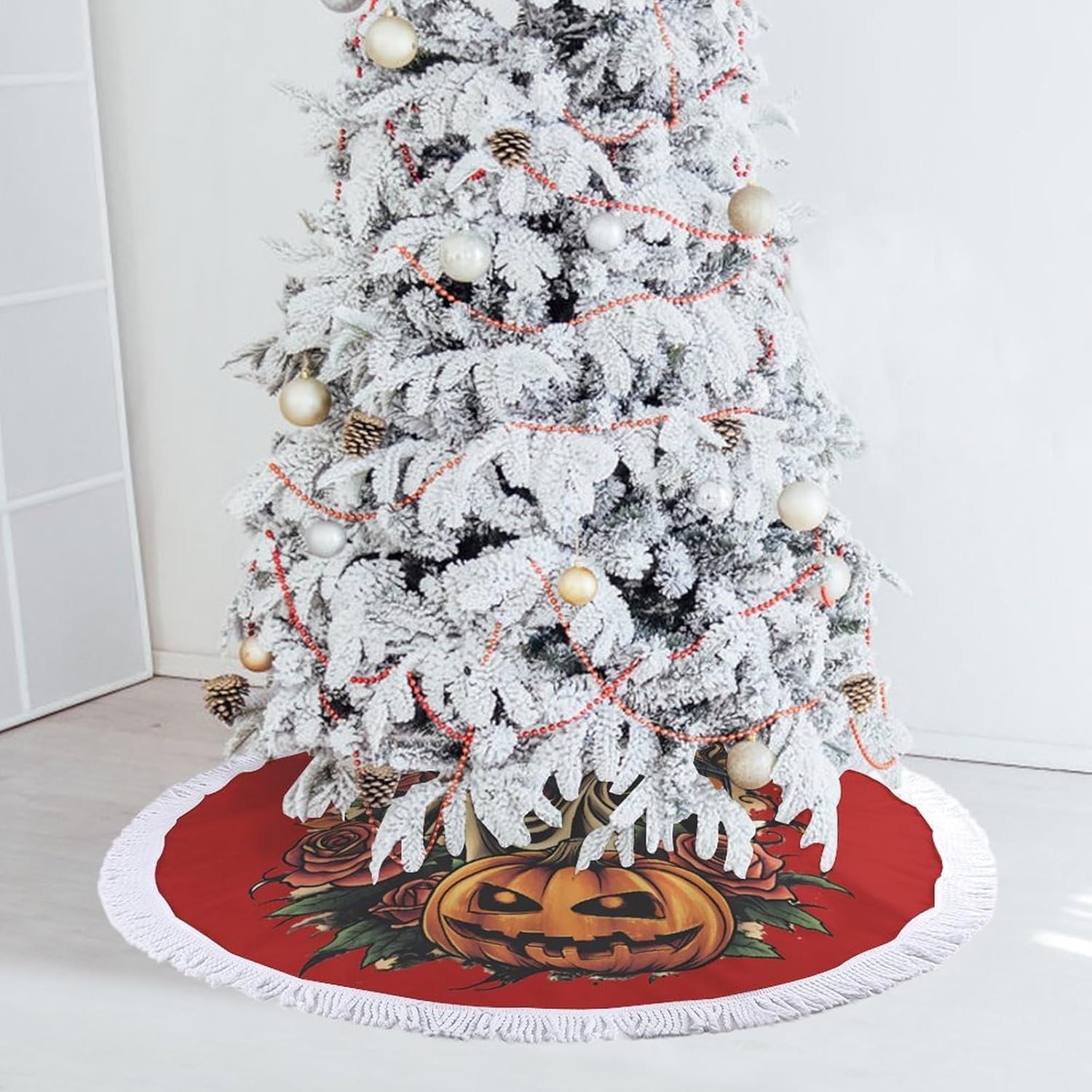 Halloween Ghostface Christmas Tree Skirt Round Xmas Tree Mat Ornaments Tree Skirts with Tassels for Holiday Party