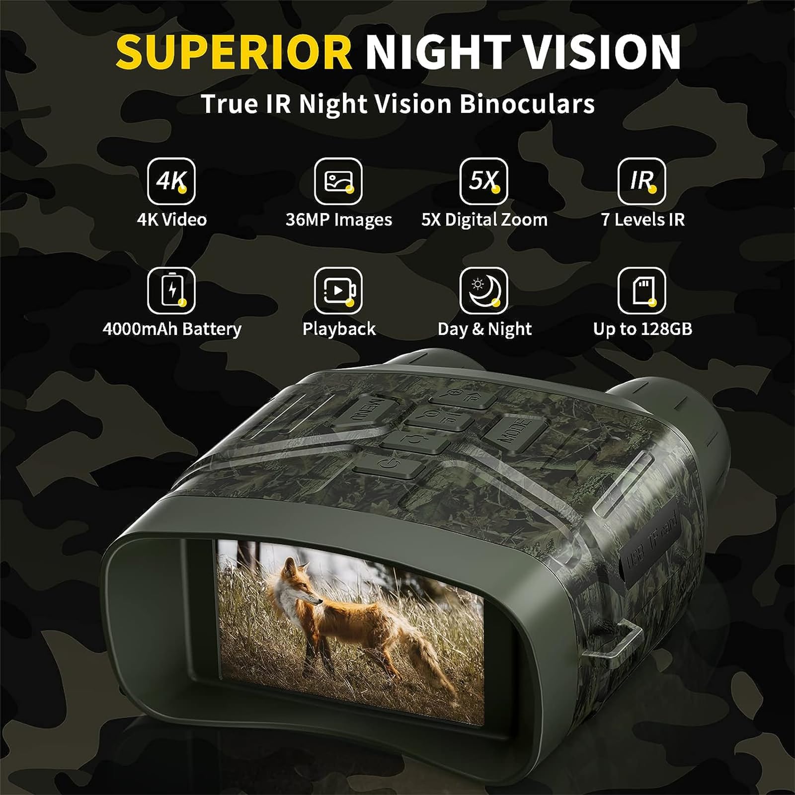 SPOFLYINN Nv4000 4k Binocular 3 Inch Large Screen 5X Digital Zoom Infrared Goggles Camouflage